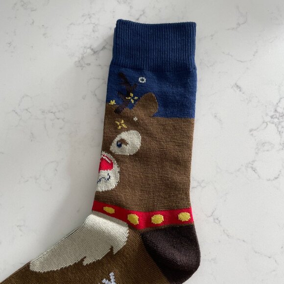 Off Duty Rudolph Festive Novelty Crew Socks Brown Navy Cream Red Yellow OS NWOT - Picture 6 of 7